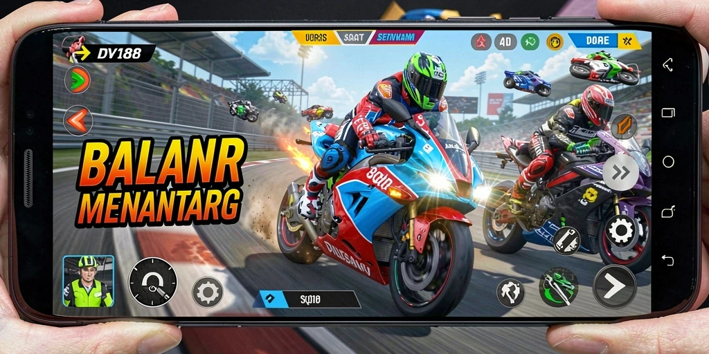 Gameplay seru dalam DV188 saat balapan motor cepat.