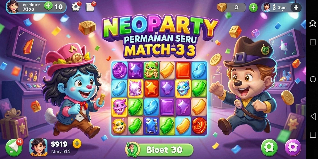 Tampilan gameplay NEOPARTY yang penuh warna dan menarik.