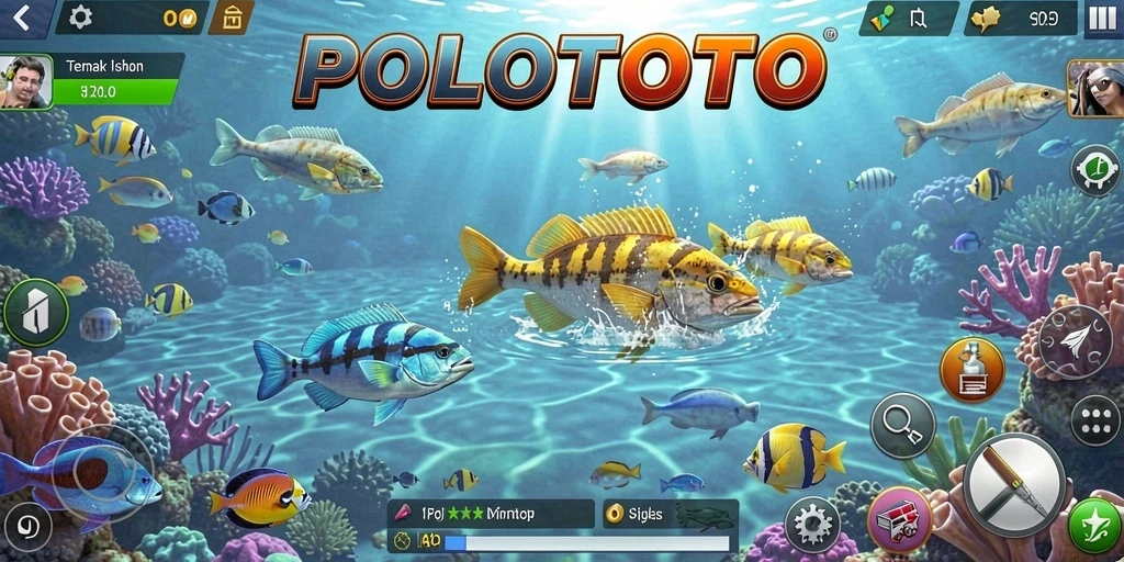 Screenshot utama POLOTOTO menampilkan aksi seru menembak ikan.