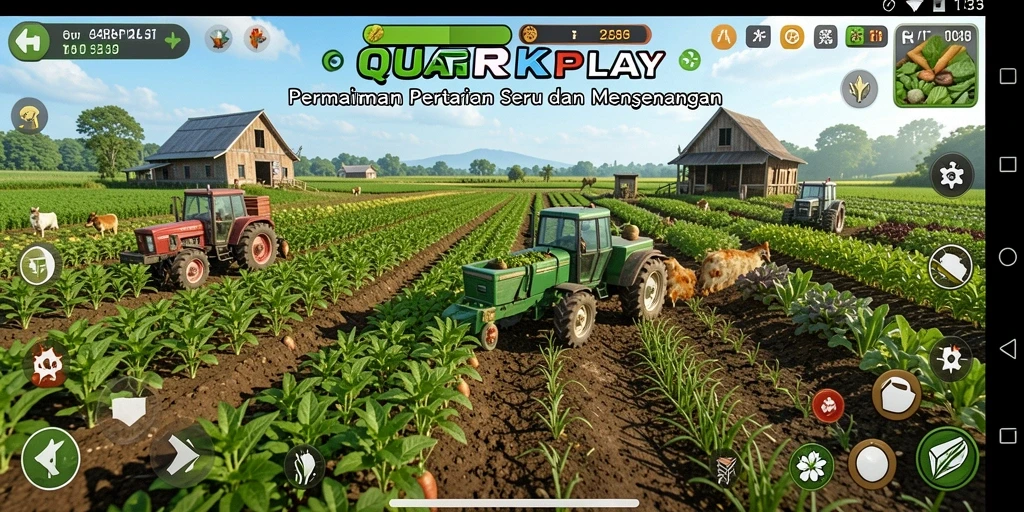 Tangkapan layar gameplay QUARKPLAY menampilkan ladang subur dengan berbagai tanaman dan hewan ternak.