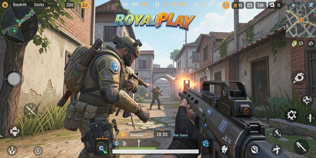 Screenshot utama ROYALPLAY menampilkan momen aksi permainan FPS yang mendebarkan.