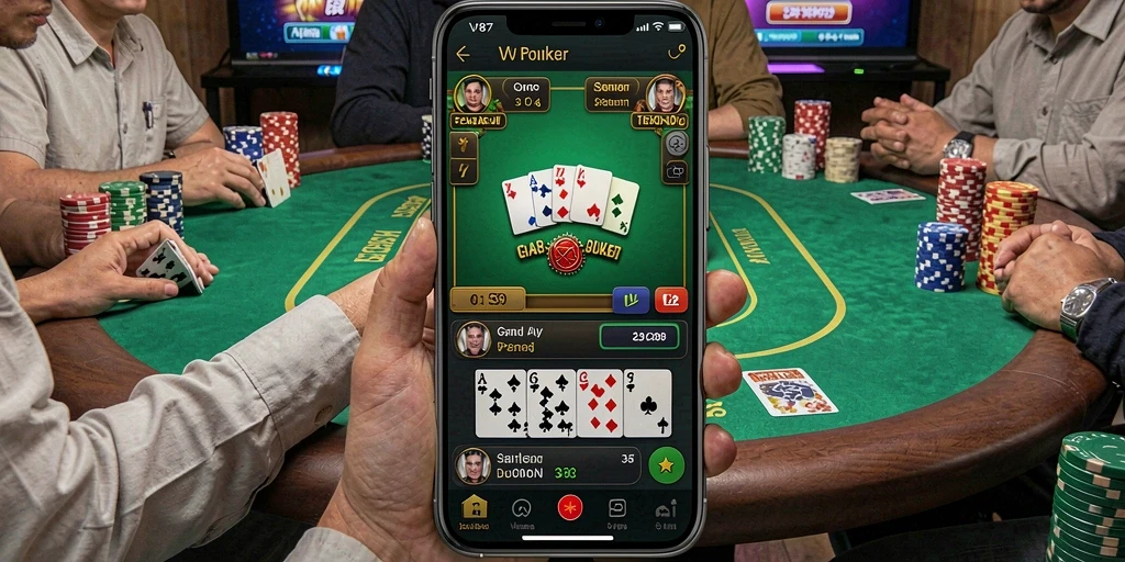 Tampilan screenshot V87 menampilkan gameplay seru di meja poker.