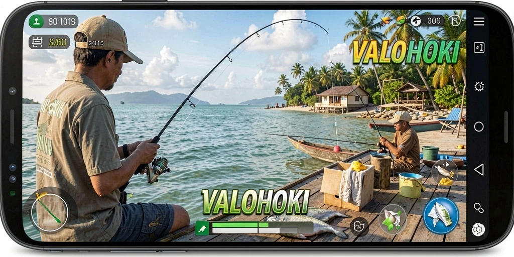 Screenshot menampilkan gameplay VALOHOKI dengan karakter yang sedang memancing di danau.